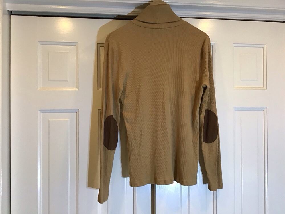 Lauren Ralph Lauren Tan Turtleneck Ribbed Women L Elbow Patch Equestrian Preppy